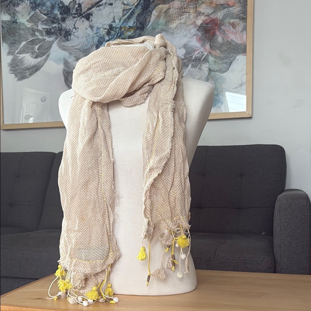 Cream Polka Dot Scarf with Tassels - Vintage Noonday Collection